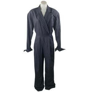Women's Navy Blue Pinstriped Collared Long Sleeve Wide Leg Blazer Jumpsuit Sz M